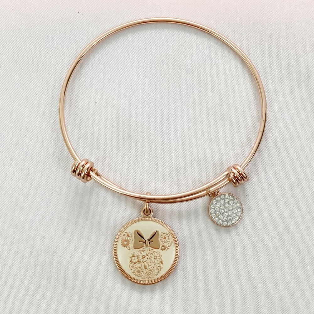 Disney Minnie Mouse Love & Kisses Rose Gold Bangle Bracelet Crystal Charm